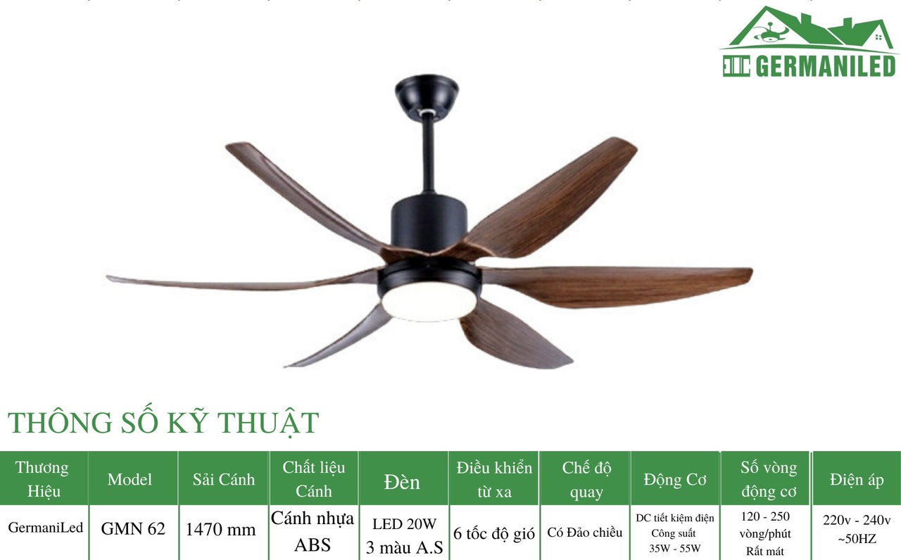 Quạt Trần Đèn Cao Cấp GMN62 Cho Phòng Khách Sang Trọng, Điều Khiển Từ Xa, Cánh Nhựa ABS Cao Cấp, Đèn Led Lung Linh, Có chế độ hẹn giờ, Động cơ bảo hành 10 năm, 1 năm đối với chip led, Điều khiển bảo hành 1 năm.