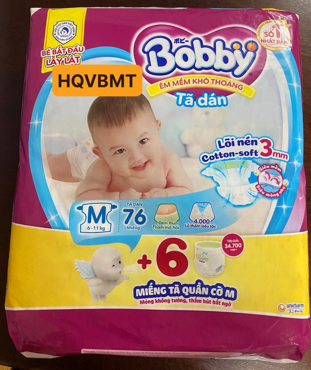 Dán m76+6 combo 2 gói tã dán bobby size m76 cho bé 4-11kg - lõi nén thần kỳ 3mm