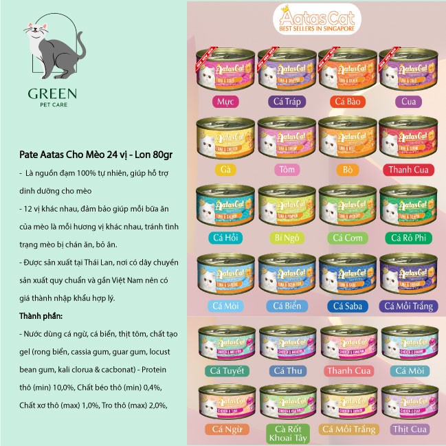 Pate Aatas Cho Mèo 24 vị - Lon 80gr/Thùng 24 hộp mix vị