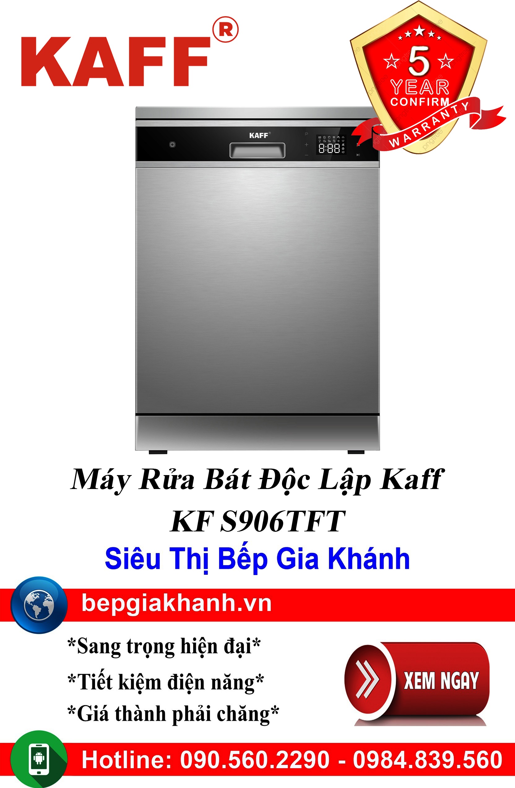Máy rửa bát cao cấp Kaff KF S906TFT lắp độc lập nhập khẩu chính hãng, máy rửa chén, máy rửa chén bát, máy rửa bát, máy rửa bát giá rẻ, may rua bat, may rua chen, may rua bat gia re