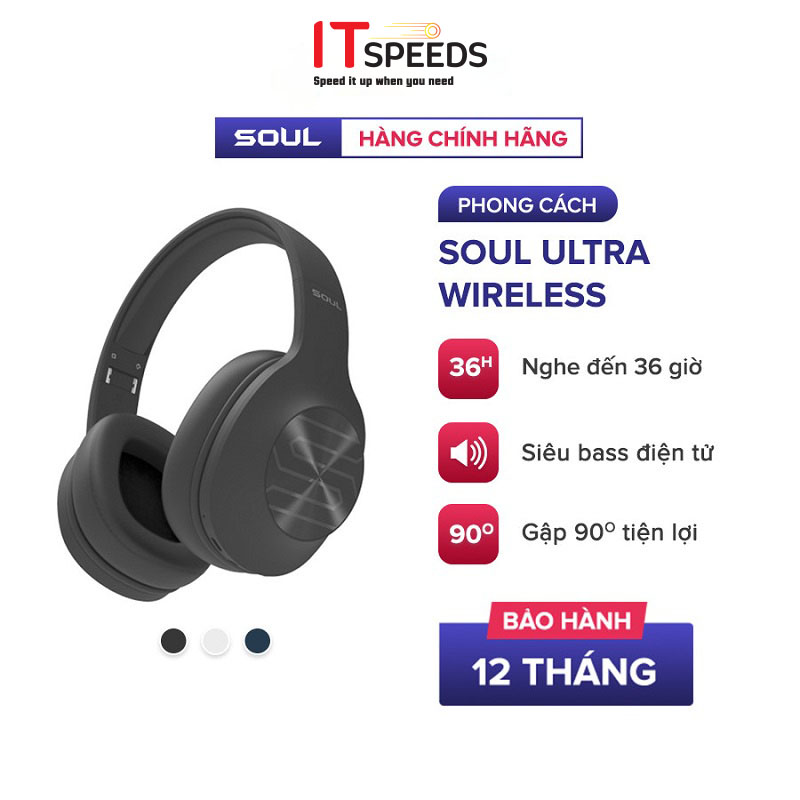 Tai nghe bluetooth headphone soul ultra wireless âm bass điện tử, bt 5.0, nghe đến 36h - chính hãng bh 12 tháng