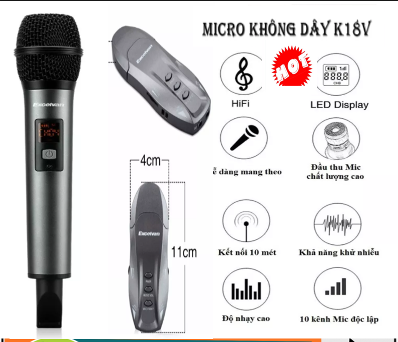 Micro không dây, mic hát karaoke không dây excelvan k18v micro bluetooth hát karaoke không dây kết nối bluetooth với loa di động,loa oto,bộ thu phát dễ dàng kết nối thỏa sức ca hát bất kể bạn ở đâu bh 12 tháng