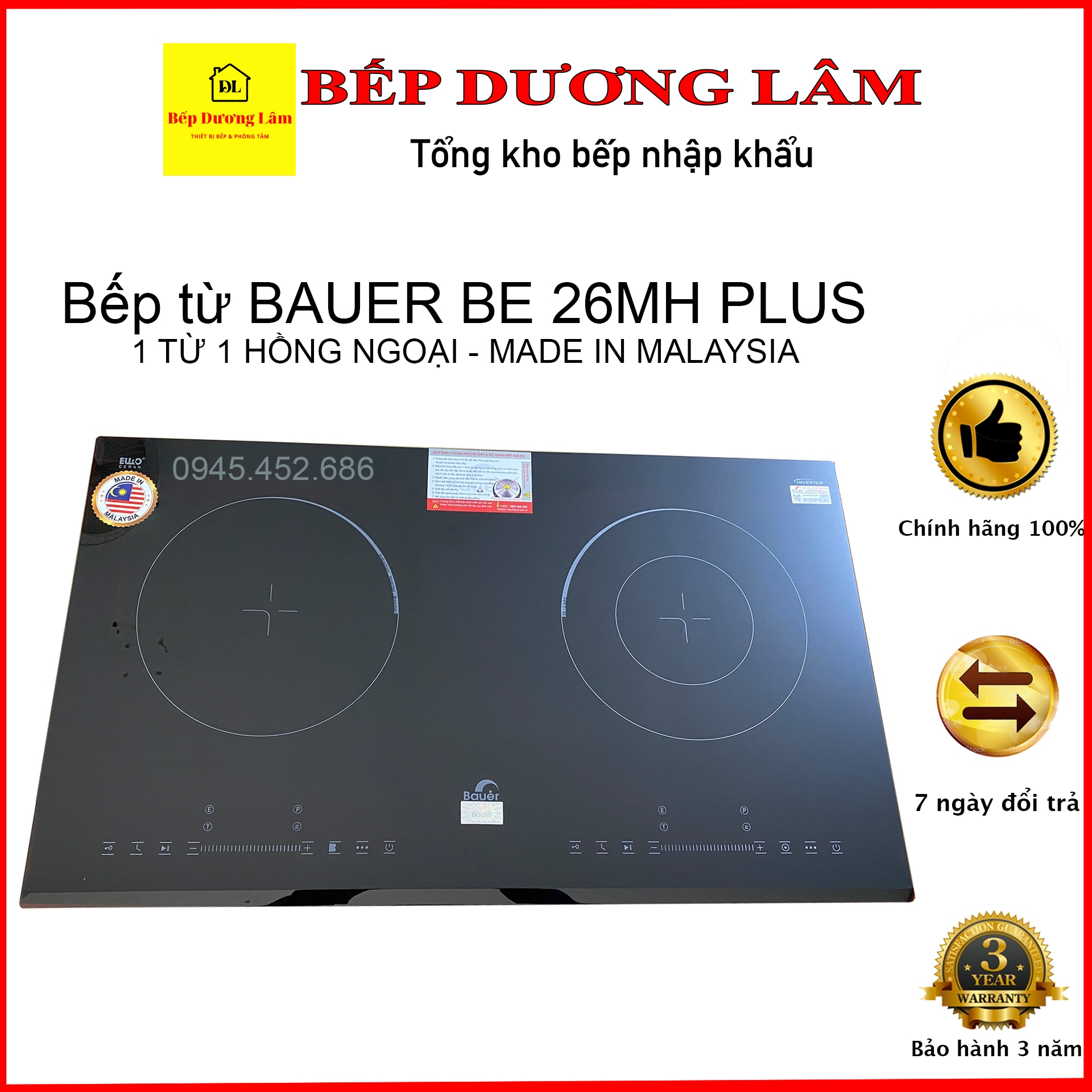 Bếp điện từ Bauer BE 26MH Plus [TẶNG HÚT MÙI CAO CẤP]- Bếp từ đôi 1 từ 1 hồng ngoại - Nhập khẩu Malaysia