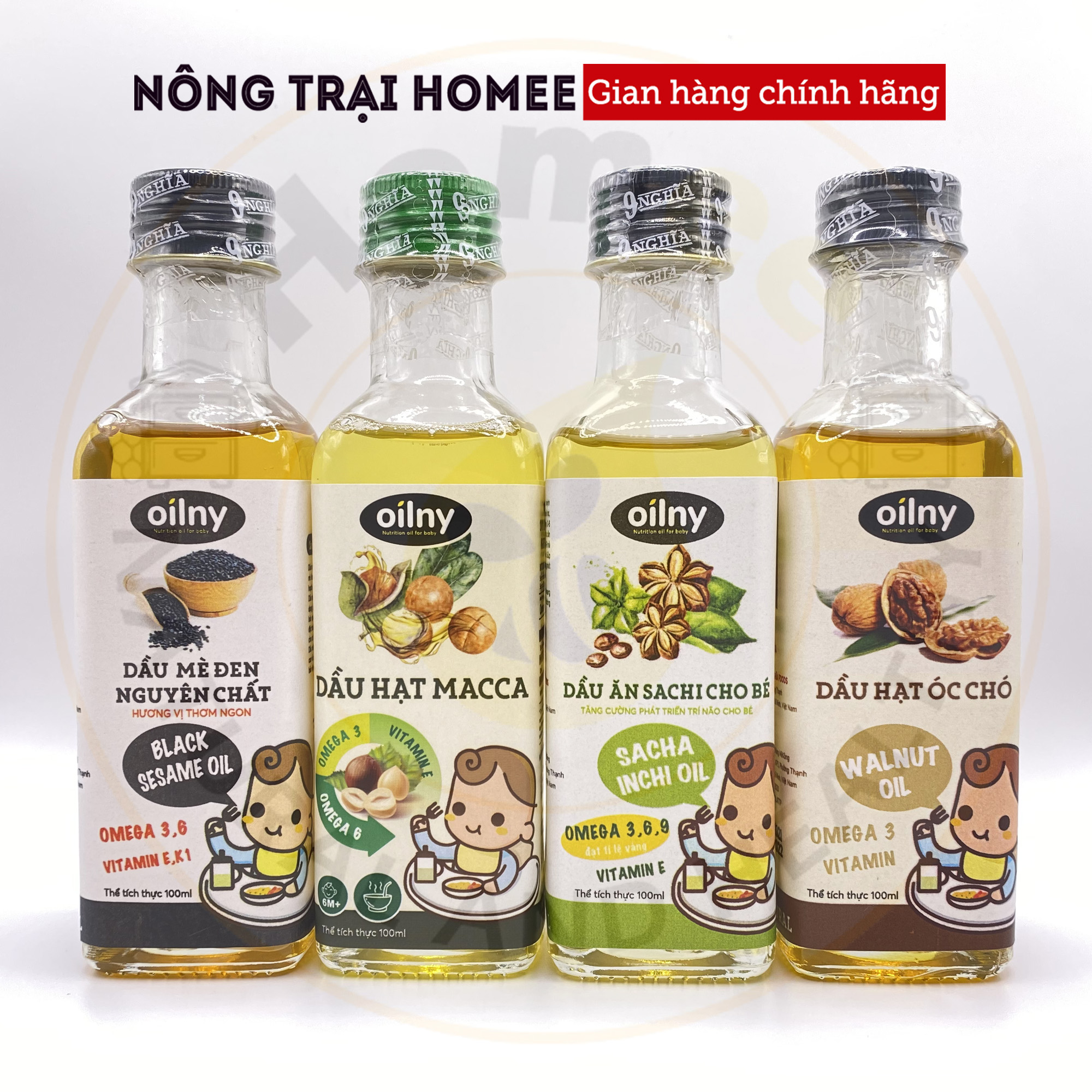 Dầu ăn cho bé ăn dặm Mè Đen/ Óc Chó/ Sachi/ Macca / Olive/  Hạnh Nhân / Hạt Chia 100ml OILNY 9-NGHĨA | Gia vị ăn dặm dành cho bé từ 6 tháng | NÔNG TRẠI HOMEE