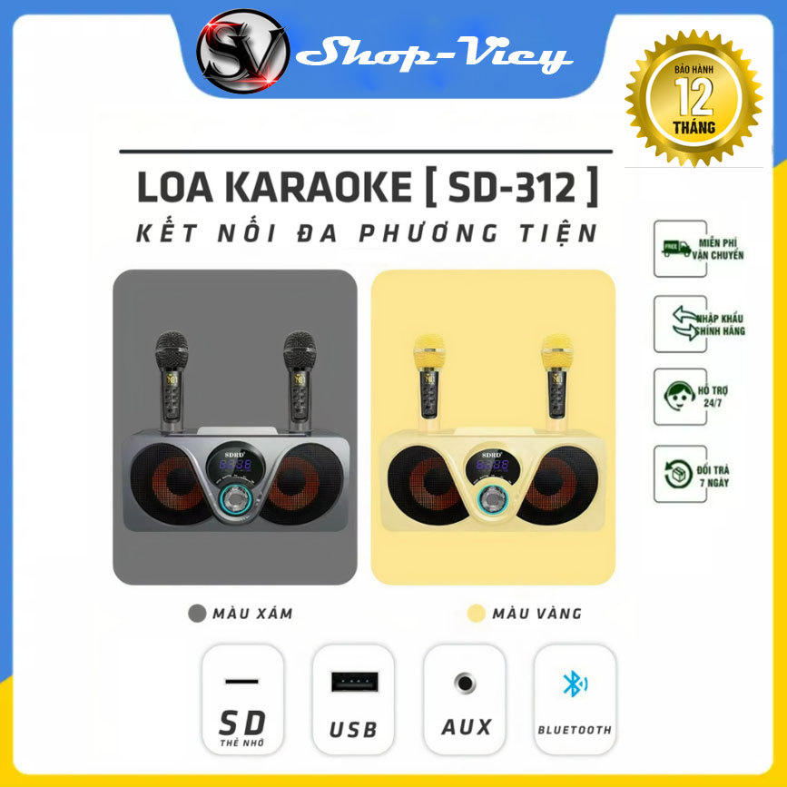 Loa Bluetooth Karaoke SDRD SD312 - Loa Karaoke Mini Tặng Kèm 2 Micro Không Dây, Sạc Pin Cho Micro Ngay Trên Loa Tiện Lợi, Mic Bắt Âm Nhạy Cầm Vừa Tay Chỉnh EQ Echo Volume Ngay Trên Micro Loa Xách Tay Du Lịch Cực Chất Bảo Hành 12 Tháng