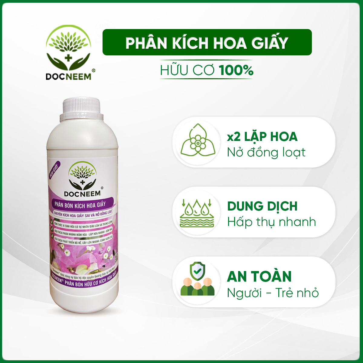 Phân bón hoa giấy DOCNEEM, kích hoa giấy ngũ sắc, cẩm thạch, thái, mỹ sai bông, lặp hoa nhanh, nở đồng loạt, chai 1 lít