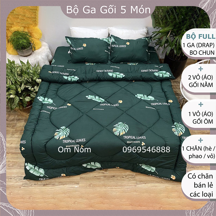 Bộ chăn ga gối 5 MÓN đẹp Hàn Quốc chất cotton poly: 1 drap giường + 2 vỏ gối + 1 vỏ ôm + 1 chăn, họa tiết LÁ NHIỆT ĐỚI (lá chuối) xanh mẫu mới, trẻ trung