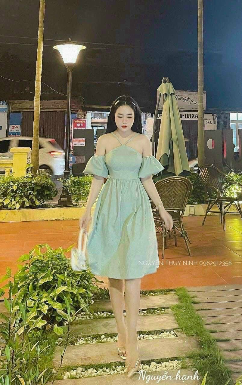 [Voucher 50k Freeship Max 0 đồng toàn quốc] Đầm cổ yếm đi chơi sang chảnh, đầm tiểu thư tay phồng trễ vai, đầm đi tiệc dáng xòe, váy maxi xòe bồng, đầm màu xanh ngọt ngào, váy nữ ôm eo tôn dáng xinh xắn