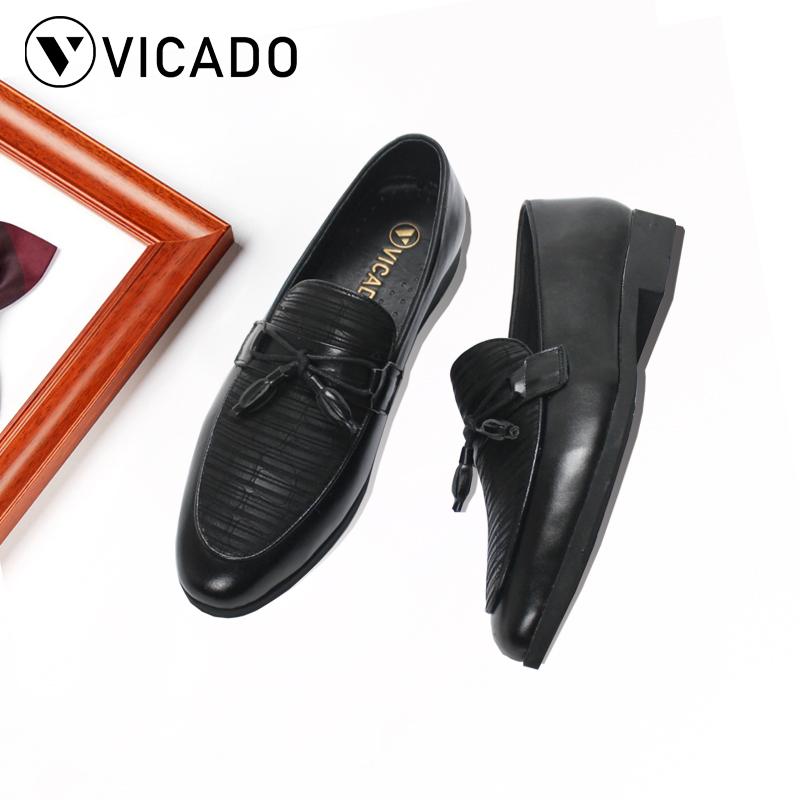 Giày lười công sở da bò nam thương hiệu Vicado VA1084 màu đen