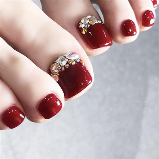 Set 24 móng chân giả đỏ mận đính đá thời trang cho nữ + Chai keo -  ShopeeCheck.com