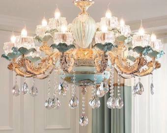 Đèn Chùm Xanh Cổ Điển Pha Lê 15 Tay