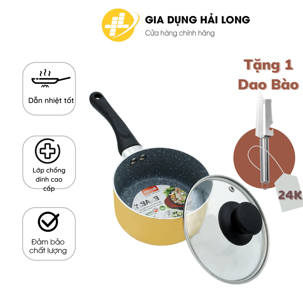 [Tặng Dao Bào] Nồi quánh nấu bột, chống dính IKONIC IK6814 đường kính 14cm cho bé bằng nhôm phủ vân đá, nắp kính cường lực chắc chắn an toàn cho sức khỏe  - Bảo Hành 5 năm