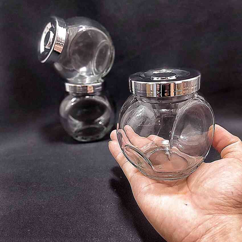 Hũ Đựng Mứt Kẹo Thủy Tinh 380ML (combo 3 cái) tròn dẹt kiểu nghiêng 2 đáy nắp nhựa bạc - Hũ Đựng Gia Vị Thủy Tinh - Lọ Thủy Tinh Đựng Bánh Kẹo