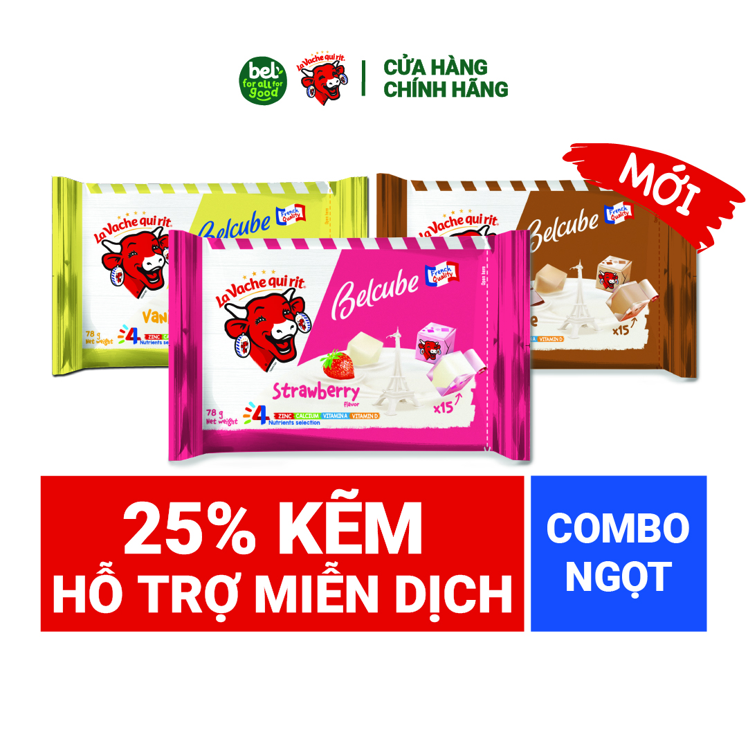 [Chỉ giao HCM] Combo 3 Gói Phô Mai Vuông Belcube 3 Vị Ngọt (15 viên) Hỗ Trợ Hệ Miễn Dịch