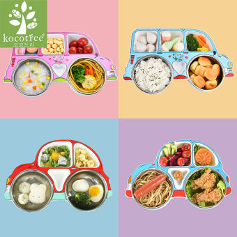 Kocotree Đĩa ăn bằng thép không gỉ an toàn cho trẻ em bằng thép không gỉ 304 Thép không gỉ Hình ô tô hoạt hình Bộ đồ ăn bổ sung thức ăn cho trẻ em