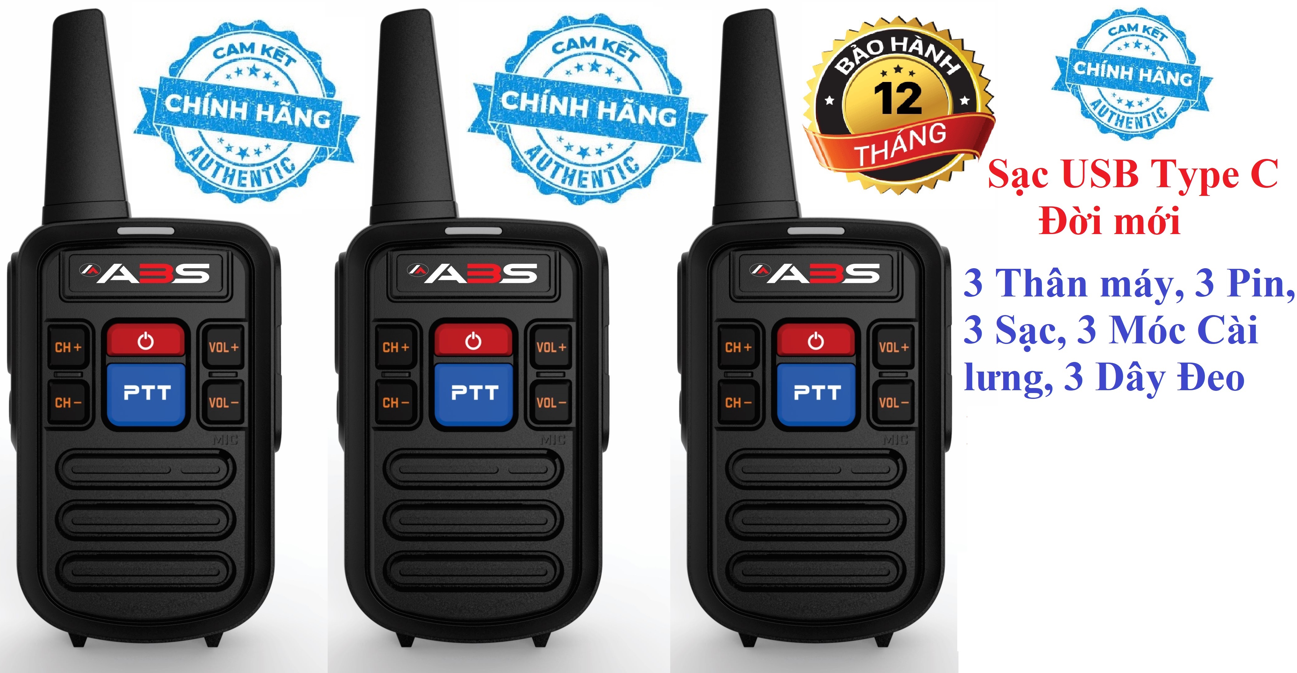 Bộ 3 Bộ đàm siêu nhỏ chất lượng khủng ABS GP800 (2 Phím bấm PTT, Sạc USB Type C)