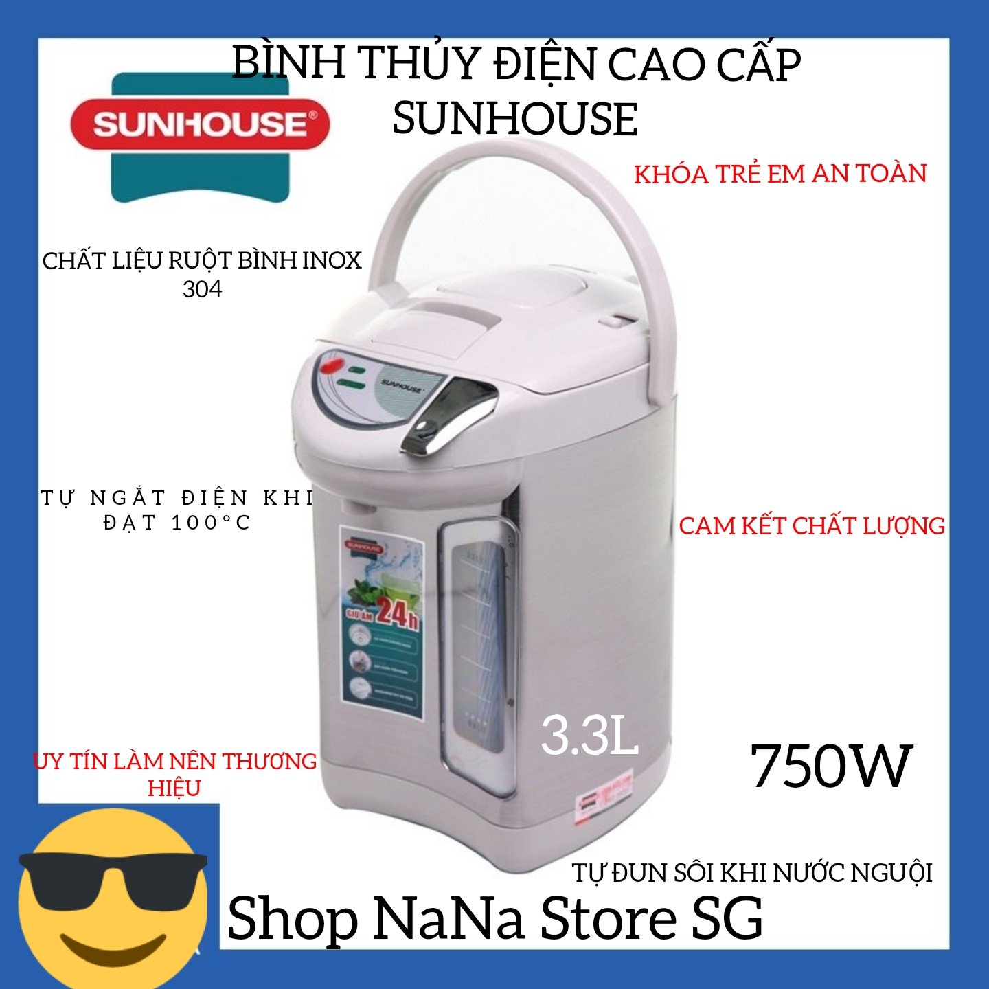 Bình Thủy Điện Sunhouse SHD 1533 Dung Tích 3.3L CAO CẤP .Tiện ích Cột hiển thị mực nước Tự đun sôi lại khi nước nguội, Đế xoay 360 độ tiện LỢI CHO VIỆC LẤY nước.BẢO HÀNH 1 ĐỔI 1(NaNa Store SG)