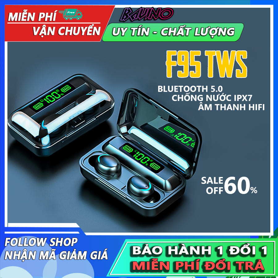 Tai nghe bluetooth không dây F95 bluetooth 5.0, điều khiển cảm ứng, chống nước ipx7, tai nghe kiêm sạc dự phòng, tai nghe nhét tai không dây bluetooth mini