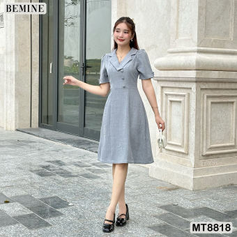 Đầm thiết kế cổ vest đính nút ngắn tay tùng chữ A BEMINE MT8818