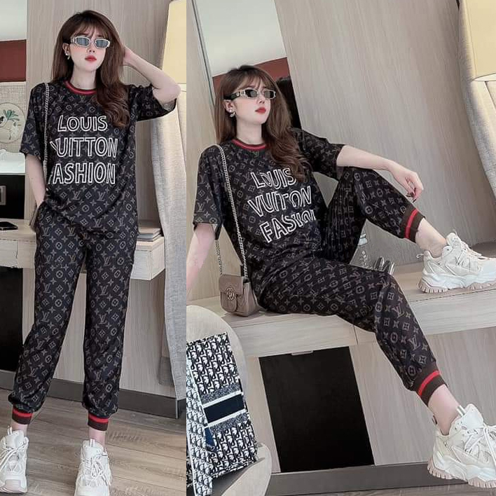 Đồ bộ thun form rộng chân bo thun họa tiết in 3D phối chữ
