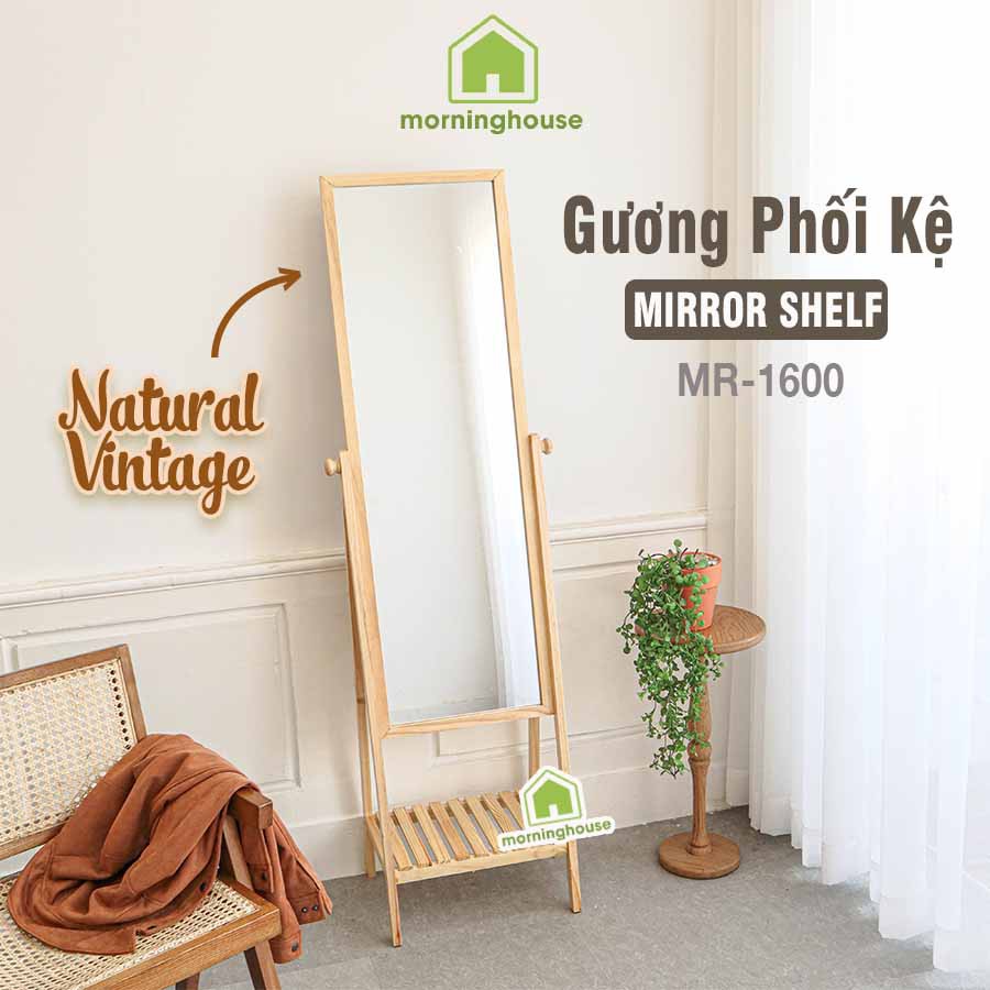 Gương soi toàn thân phối kệ khung gỗ màu tự nhiên - Ori House