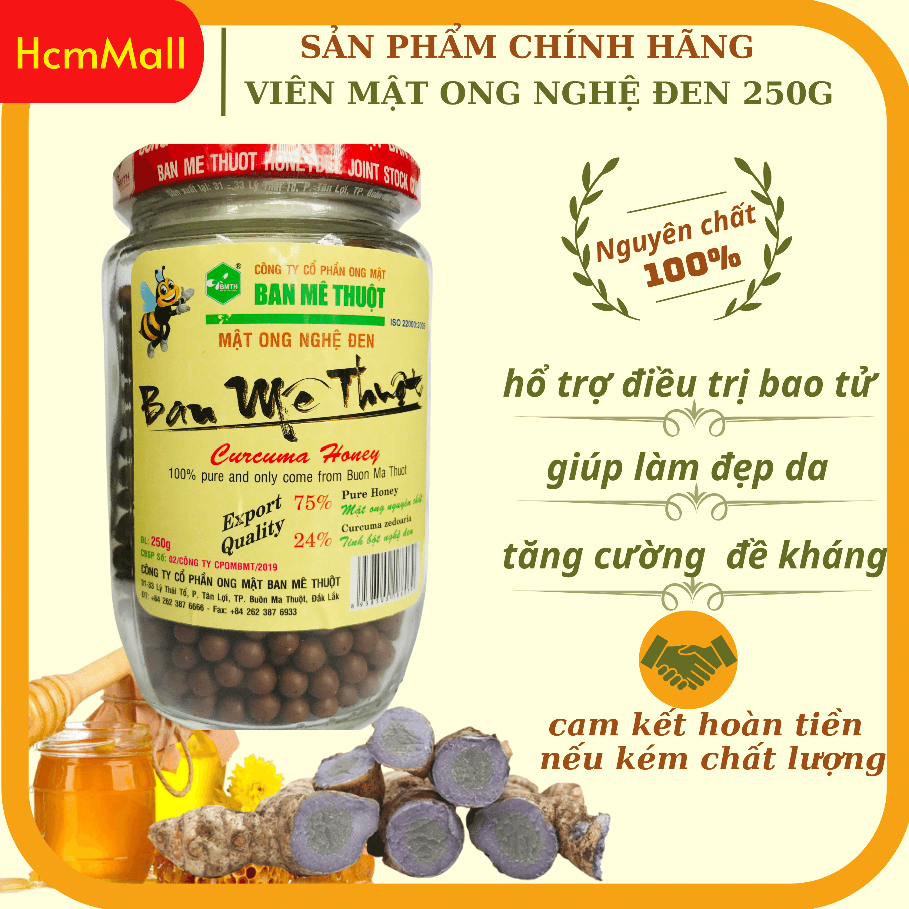 Viên nghệ Mật Ong Viên tinh Nghệ Mật Ong nguyên chất từ rừng Ban Mê Thuột - hỗ trợ chữa đau dạ dày - làm đẹp da - 250G