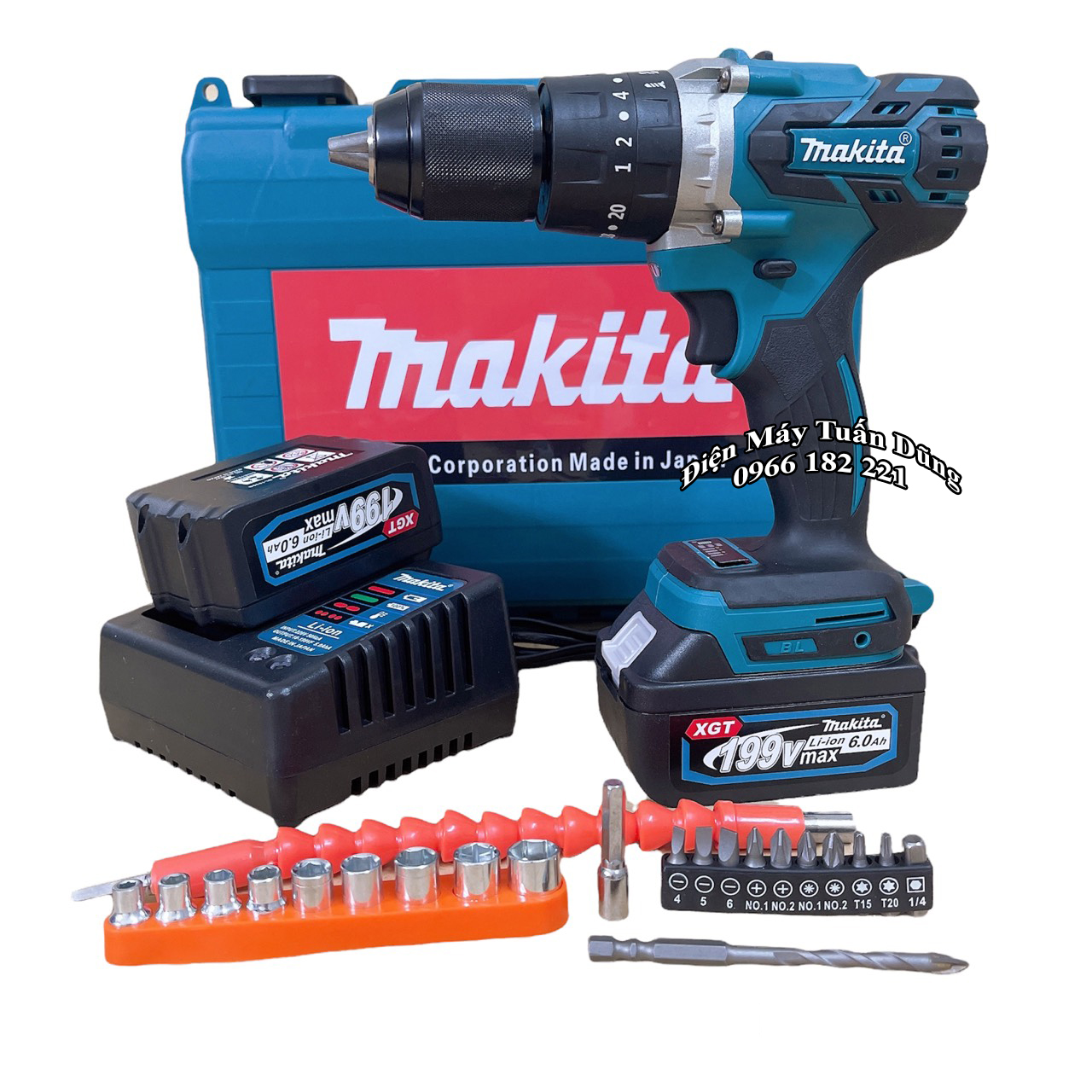 Máy khoan pin Động cơ Không Chổi Than Siêu mạnh và bền Makita 199V Kèm 2 Pin TẶNG 22 CHI TIẾT