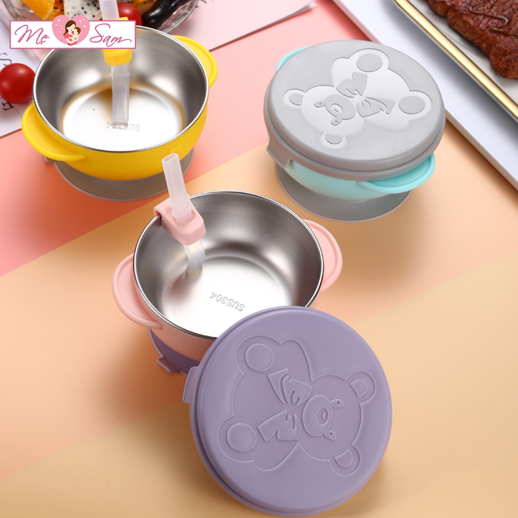 Bát ăn dặm cho bé cách nhiệt inox 2 lớp có đế hút chân không chống đổ, chống lật có nắp Shop Mẹ Sam