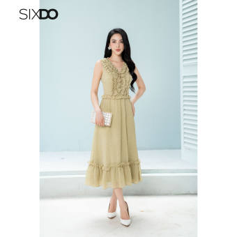 Đầm voan phối bèo cổ V sát nách thời trang SIXDO