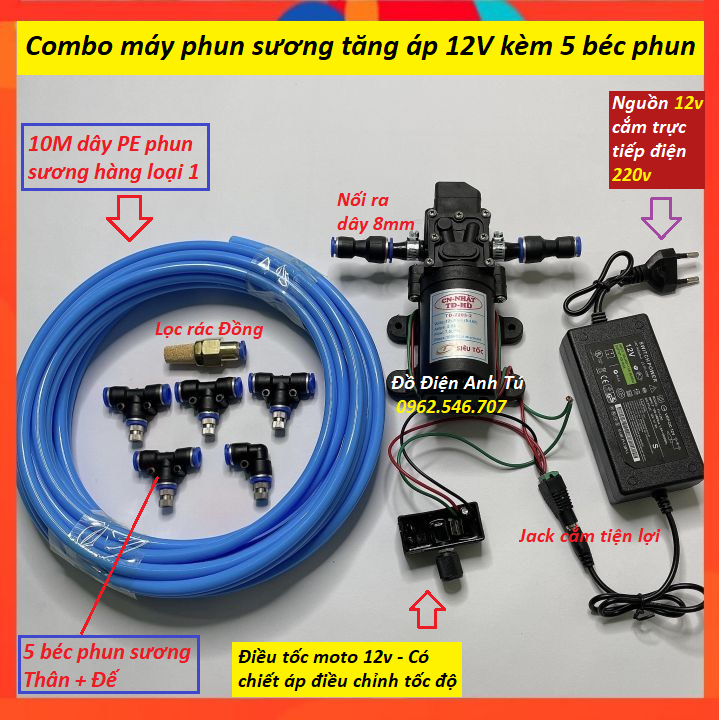 Bộ bơm phun sương mini 12v - 5 béc | bộ máy bơm phun sương | bộ máy bơm áp lực phun sương | bộ máy bơm tưới lan,tưới cây | béc phun sương | bom phun sương làm mát | bơm phun sương tăng áp 12v