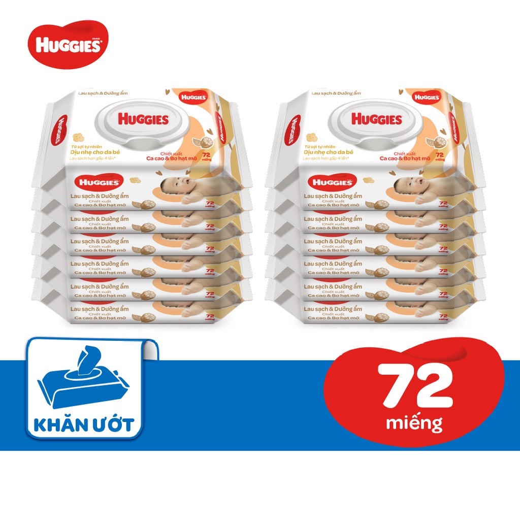 Thùng 12 gói khăn ướt cao cấp Huggies Cacao - Bơ ,Hạt mỡ 72 miếng