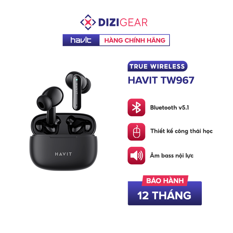 Tai Nghe TWS Havit TW967 BT 5.1, Thiết Kế Công Thái Học, Driver 10mm, Nghe Nhạc Đến 5H - Chính Hãng BH 12 Tháng Dizigear