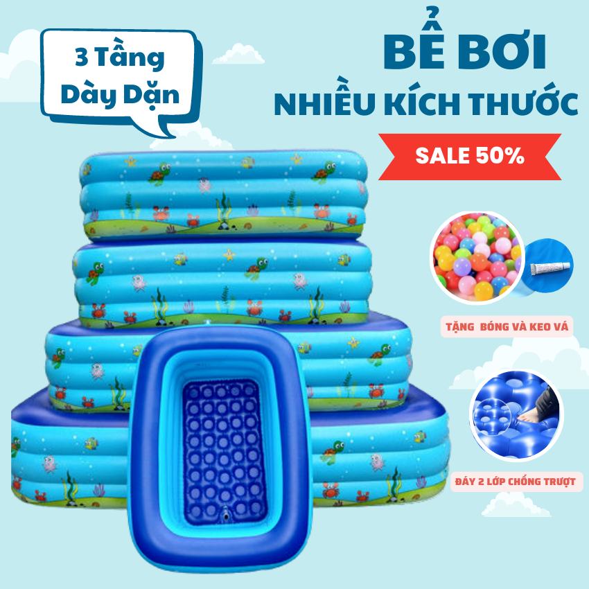 Hồ Bơi Gia Đình, Phao Bể Bơi - Bể Bơi KAW Hình Chữ Nhật 3 Tầng, Dày Dặn, Chống Trượt, Nhiều Kích Thước 1m2, 1m3, 1m5, 1m8, 2m1, 2m6, 3m - Bảo Hành 1 Đổi 1 Trong 7 Ngày, Tặng Kèm Miếng Vá
