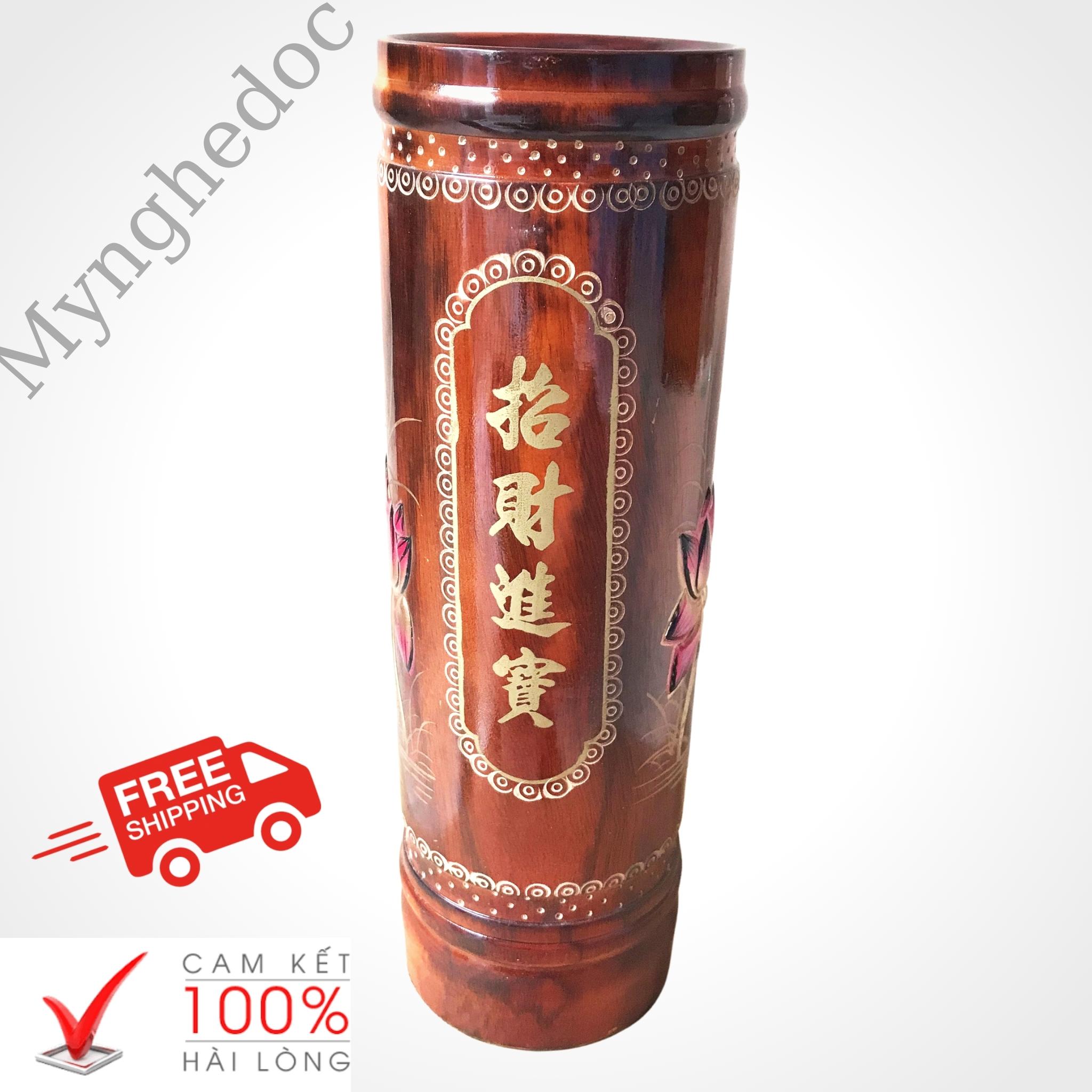 Ống đựng nhang hoa sen đắp nổi, chất liệu gỗ tràm nguyên khối, cao 32cm hàng chạm khắc tinh xảo
