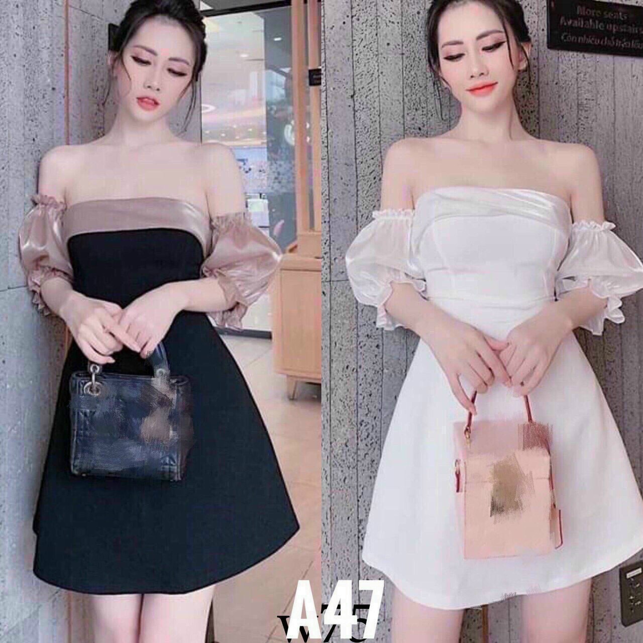 Đầm xòe trễ vai tay phồng có mút ngực xinh xắn
