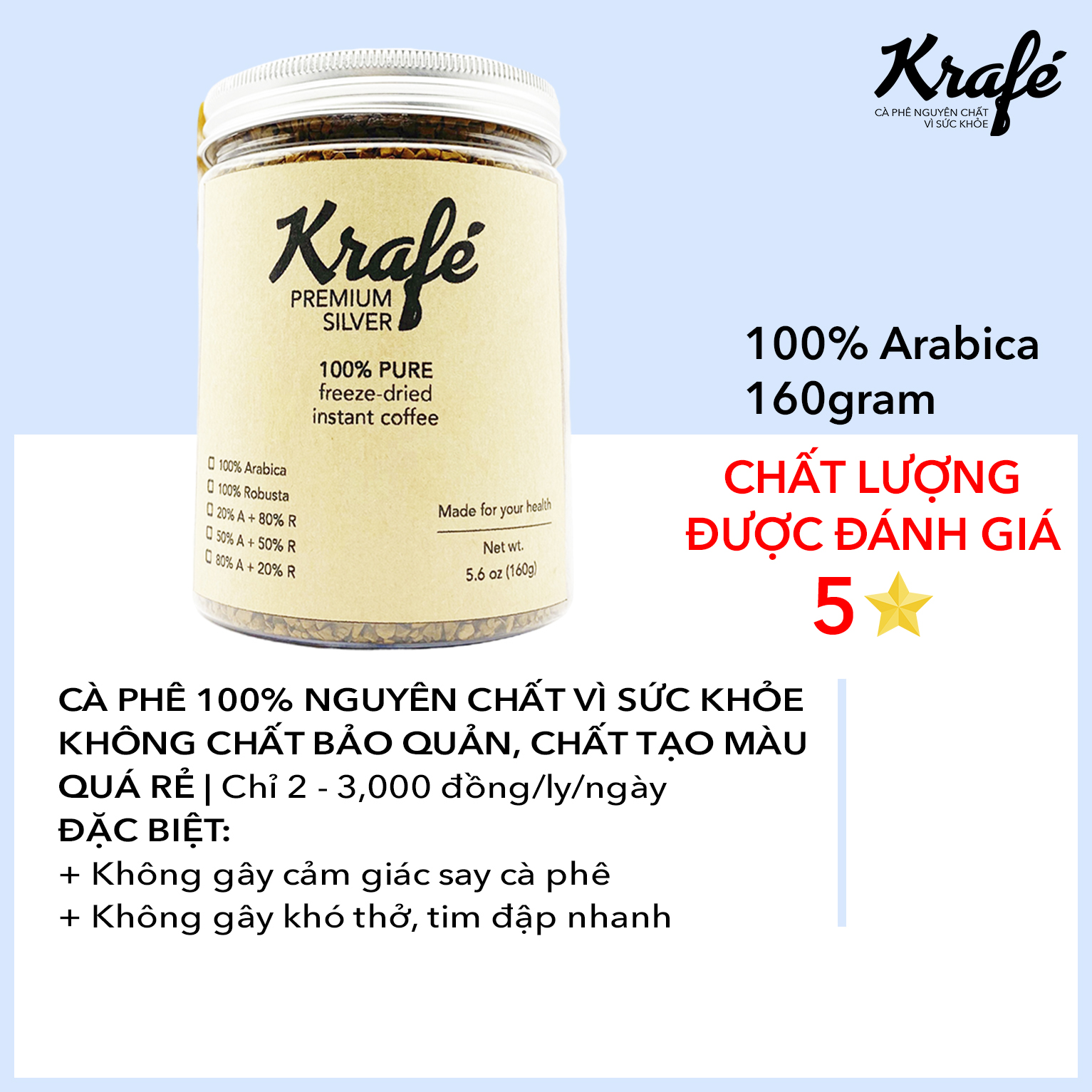 Cà phê hòa tan sấy lạnh uống liền Krafé 100% Arabica | 160 gram - Premium Silver