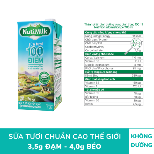 NutiMilk Sữa tươi 100 điểm - Sữa tươi tiệt trùng nguyên chất không đường Hộp 1 Lít STKD1LAZ - Thương Hiệu NUTIFOOD - AZAGO