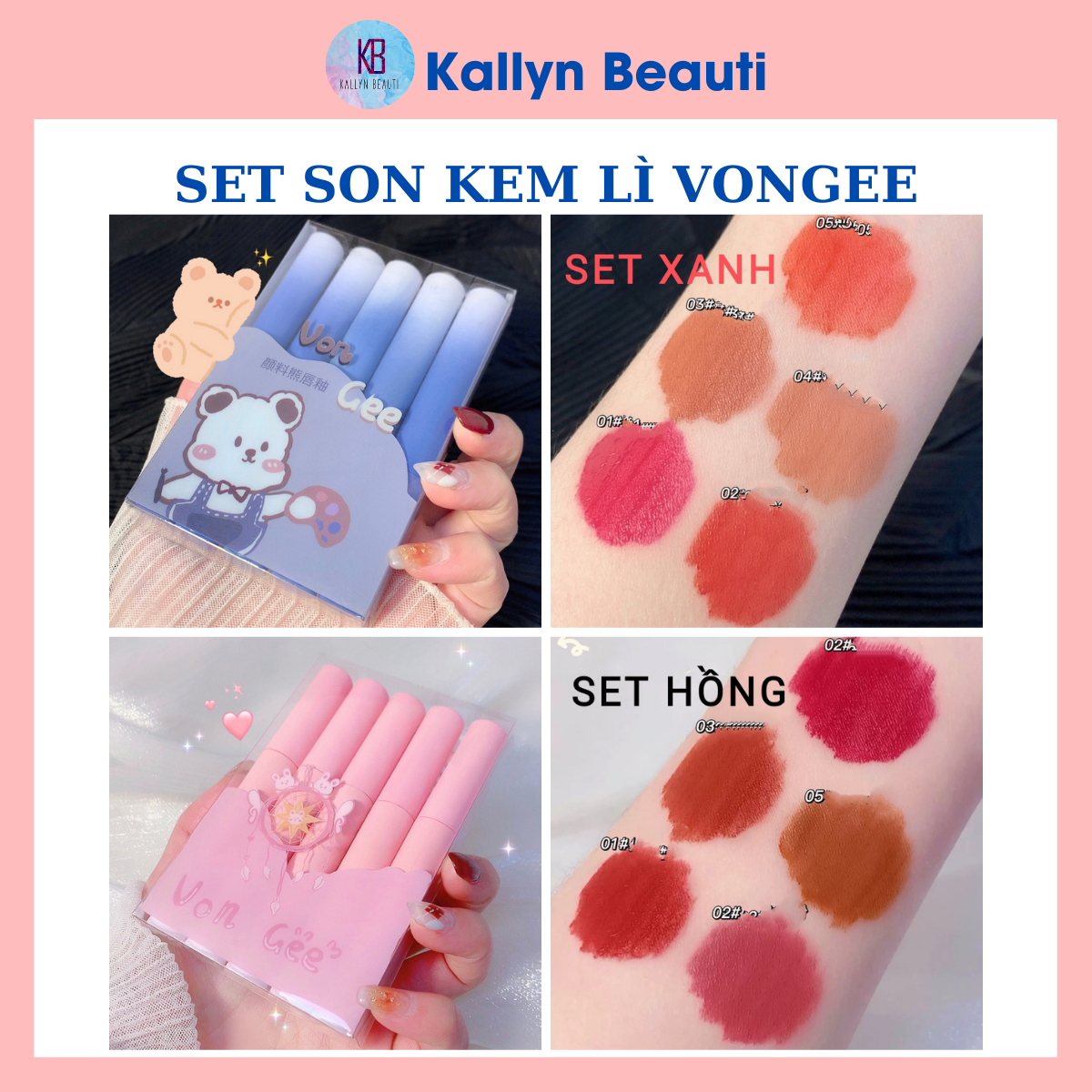 Set son kem lì 5 cây vongee gấu xanh thỏ hồng
