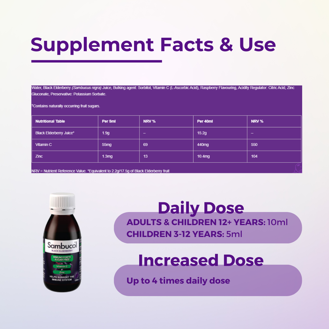 Sambucol Immuno Forte, PLUS Vitamin C + Zinc, Support Immunity, No Added Sugar, 120ml, Supplement Fact and Use