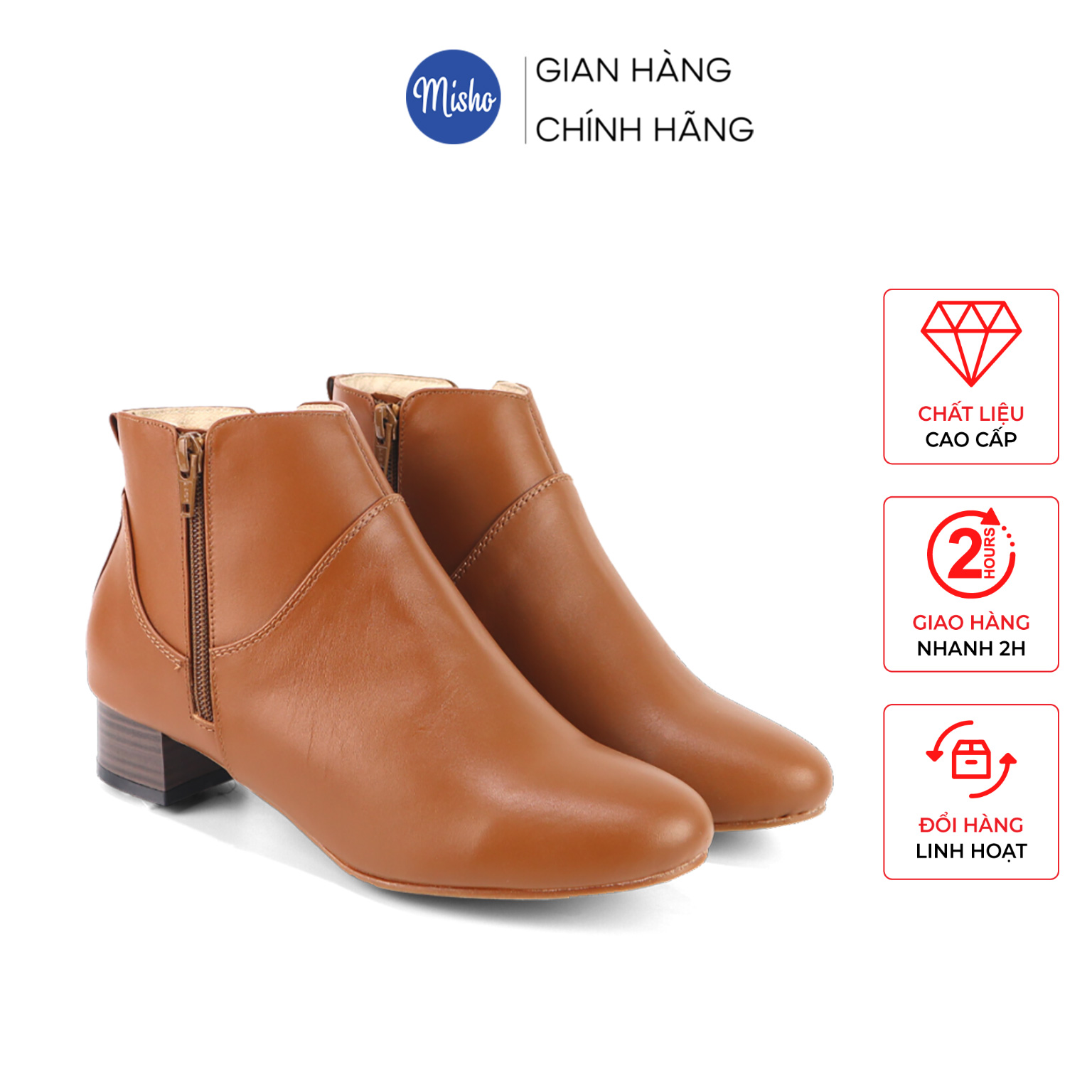 Giày Boot Cổ Thấp Da Thật Bốt Misho Chất Da Mềm Mại Gót Vuông 3p 1087