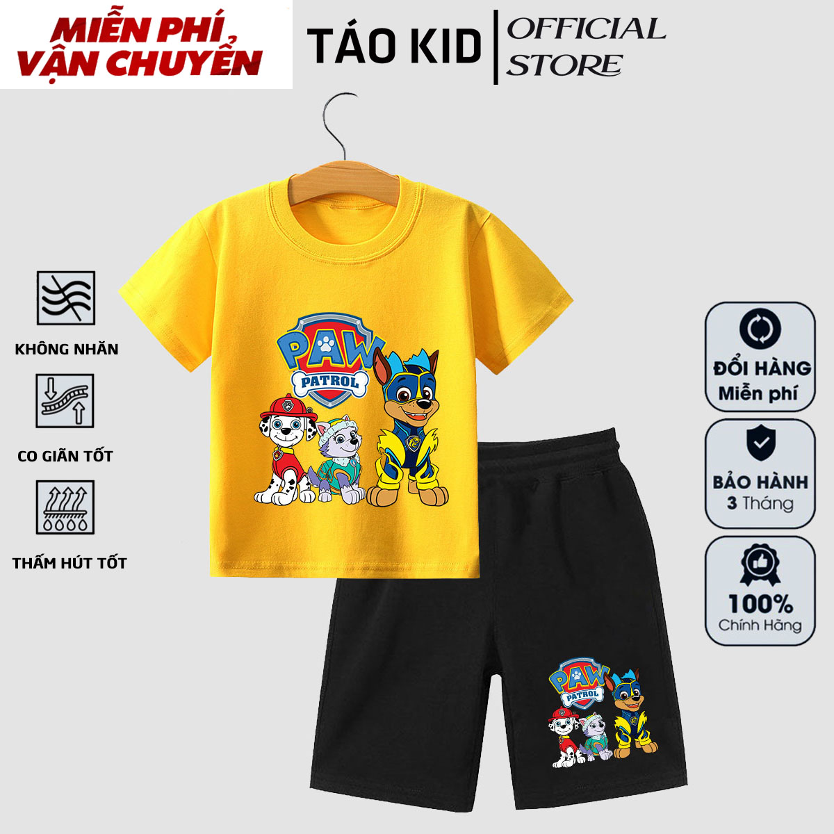 Đồ bộ bé trai, đồ bộ bé gái cộc tay Táo Kid chất cotton in hình Đội Chó Cứu Hộ từ 0 đến 10 tuổi TK56