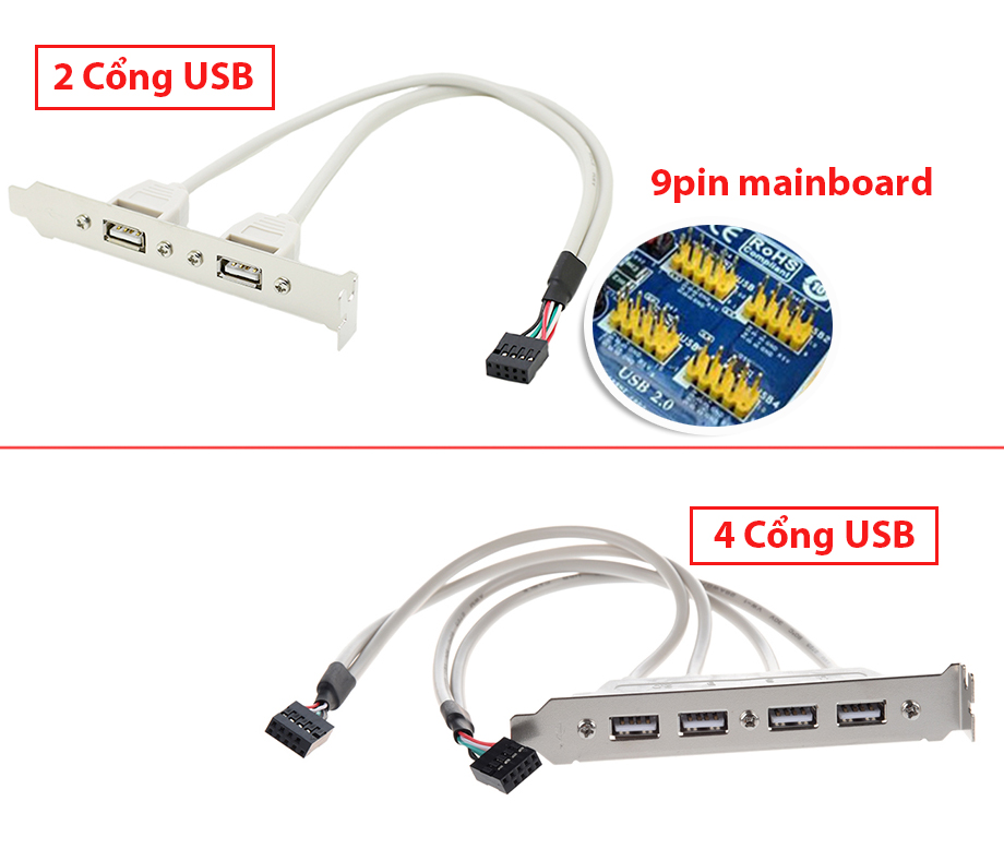 Dây cáp 9pin cắm mainboard ra 2, 4 USB gắn panel sau case. Gắn vị trí khe PCI dùng cho máy tính PC, máy tính đổng bộ