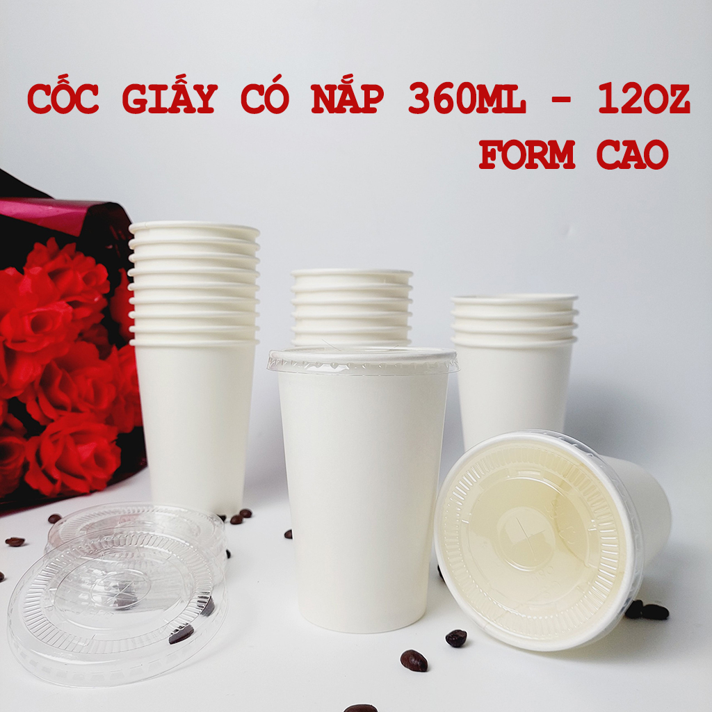 50 chiếc cốc giấy có nắp 360ml - 12oz form cao siêu đẹp siêu bền