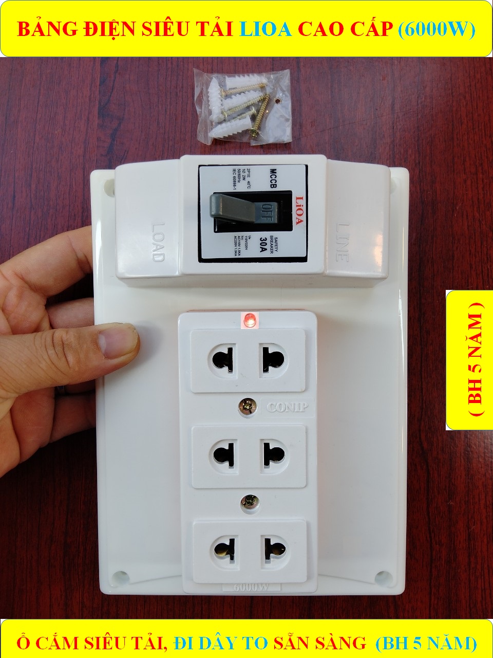 Bảng điện nổi CONIP 6000W CHỊU TẢI CAO (BH 5 NĂM) + 1 Ổ cắm SỨ SIÊU TẢI 6000W lò xo chống giãn + Đã đi dây TO sẵn sàng + Bộ ốc vít lắp đặt (bộ 1 sp )