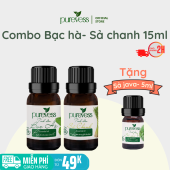 Tinh dầu xông phòng Purevess - tinh dầu Bạc Hà 15ml - tinh dầu Sả Chanh 15ml - tặng tinh dầu Sả Java 5ml