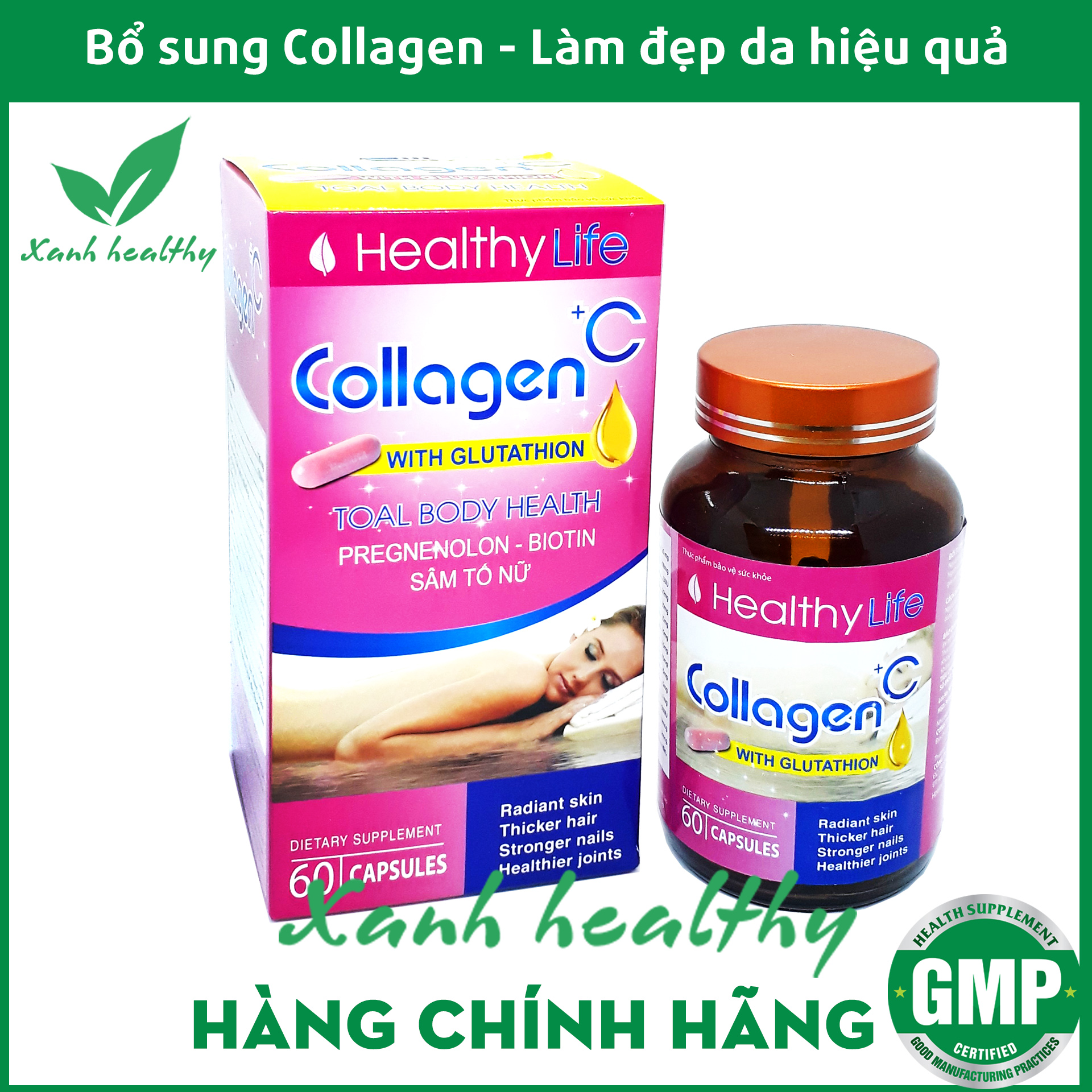 Viên uống đẹp da Collagen C with Glutathion - Hàng chính hãng -  giảm nám, sạm da, khô da, giúp da mịn màng, căng tràn sức sống - Hộp 60 viên Chuẩn GMP