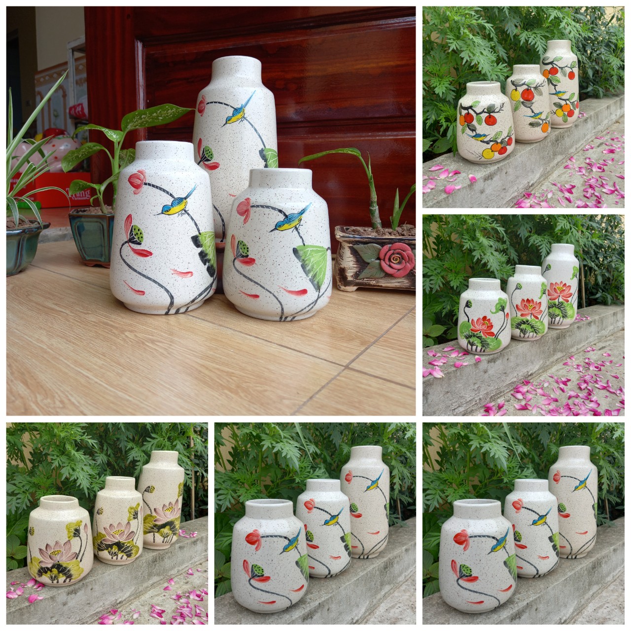 [BÁN CHẠY] Set 3 Lọ Hoa Bình Bông  Hoa Sen, Quả Cheri Vẽ Tay Gốm Sứ Bát Tràng ,Set 3 Lọ Mini Men Hỏa Biến, Mẫu Mới Trẻ Trung, Hiện Đại, Sang Trọng