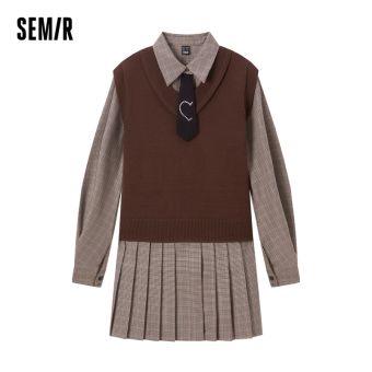Semir Bộ Đồ Vest Nữ Dệt Kim Cổ Chữ V Bộ Váy Sơ Mi Kẻ Sọc Hai Mảnh Dáng Rộng Mới Mùa Thu 2022 Phong Cách Preppy