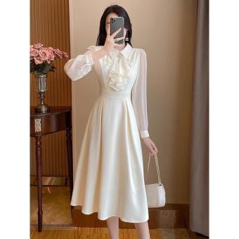 Đầm Tiểu Thư Tay Dài Trắng Kem Cổ Bèo ( tặng cài đá ) Bigsize Voan Dự Tiệc