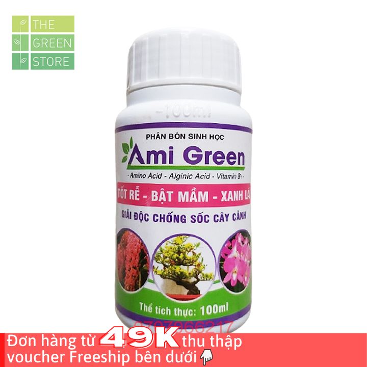 Phân bón Ami Green (100ml) bổ sung vitamin B1, B6, B12 kích rễ, bật mầm, giải độc cây cho hoa lan, hoa hồng, mai vàng, cây cảnh, rau màu, cây ăn trái